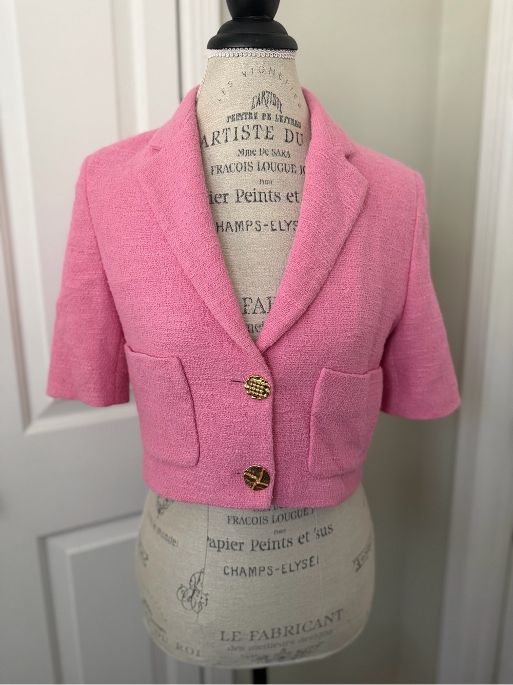 Pink Cropped Jacket with Gold Buttons